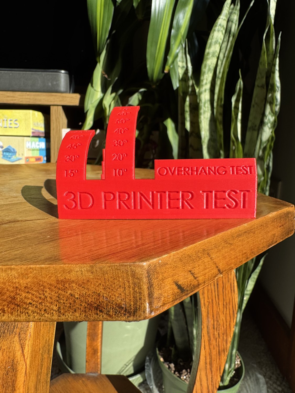 Front view of a red printed overhang test with marked angles